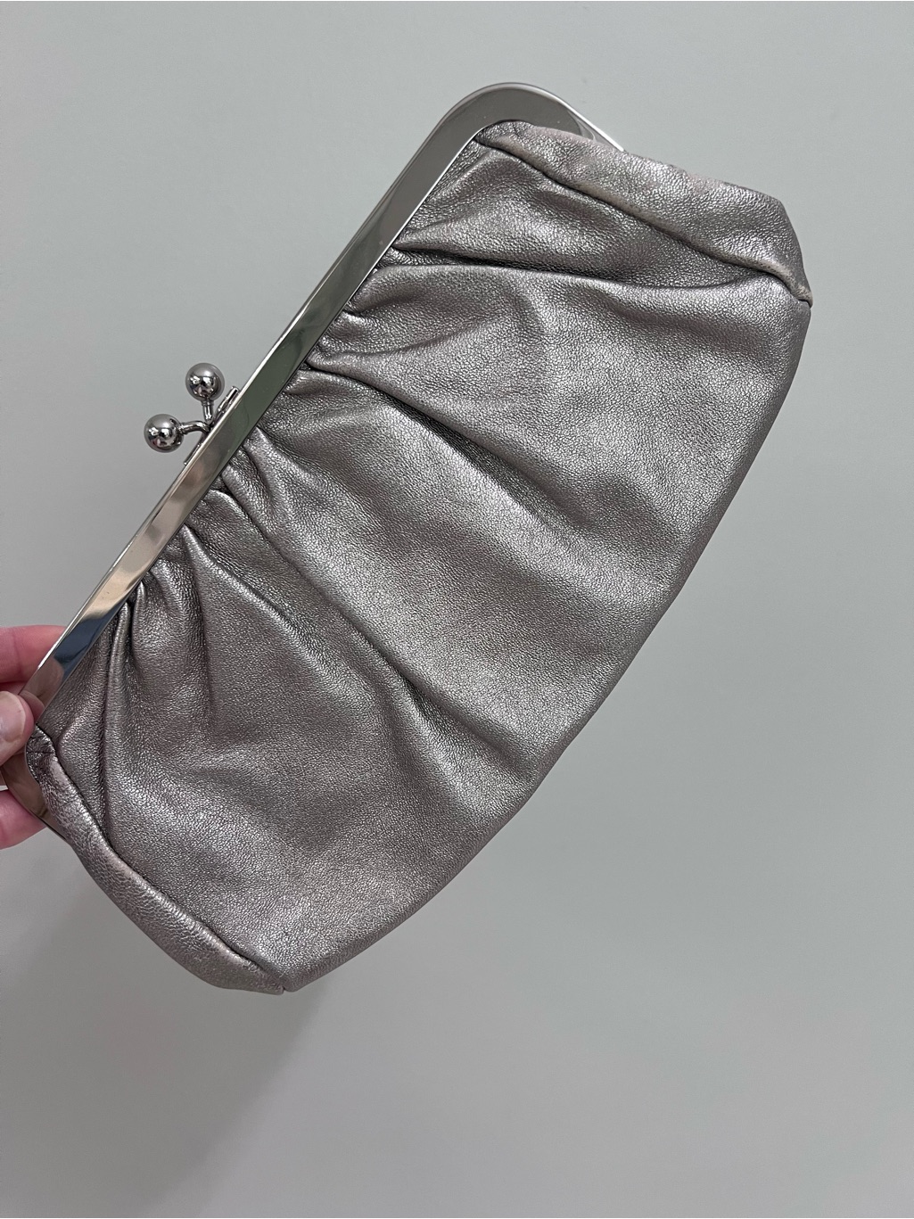 Express Silver Metallic Satin KissLock Clutch